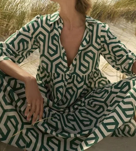 Women'S Long Sleeve Lapel Green Geometric Print Shirt Dress