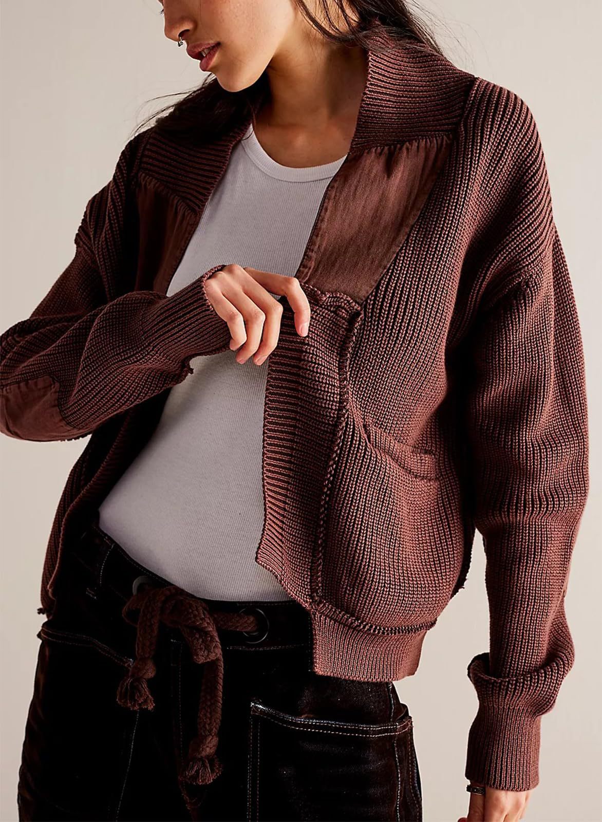 Simple Splicing Knit Cardigan Coat With Pockets