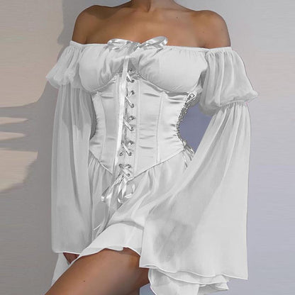 Off-Shoulder Chiffon Dress with Waist Tie in Pink and White