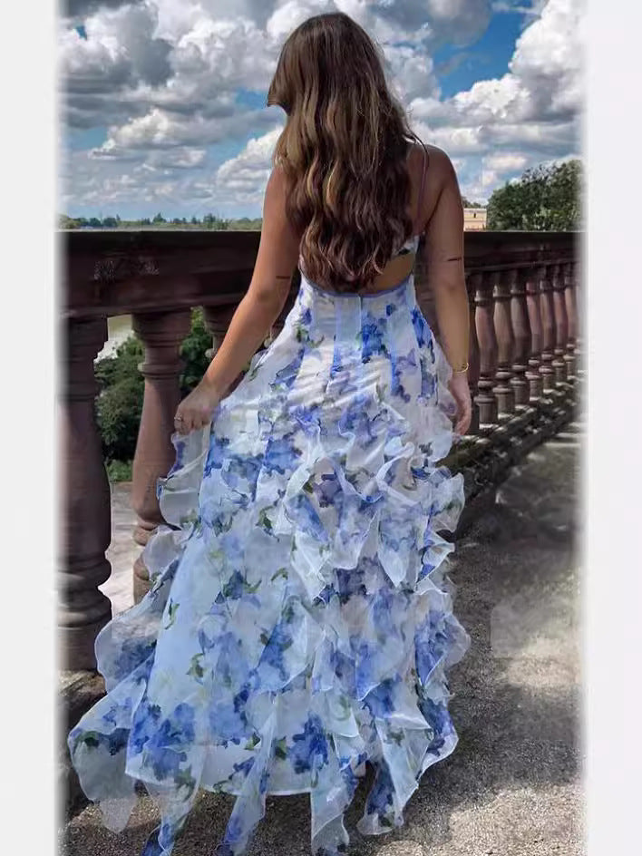 Off-Shoulder Floral Chiffon Maxi Dress