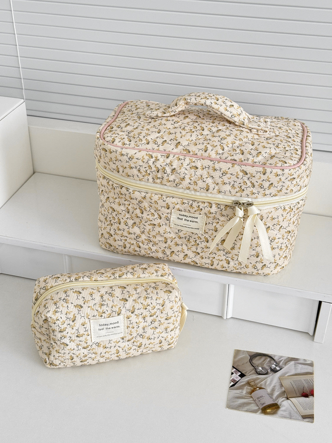 Floral Corduroy Makeup Bag Portable Large Capacity Organizer