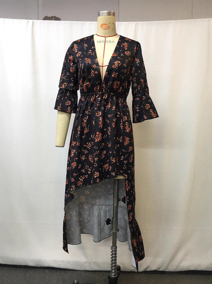Floral Print V-Neck Midi Dress with Waist Tie