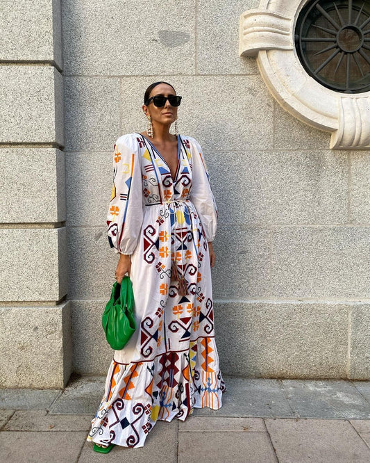 Holiday Style Lantern Sleeve Printed Long Skirt Mop The Floor Skirt