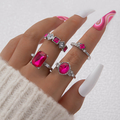Geometric Gemstone Ring Set Fashionable Zinc Alloy Stackable Rings
