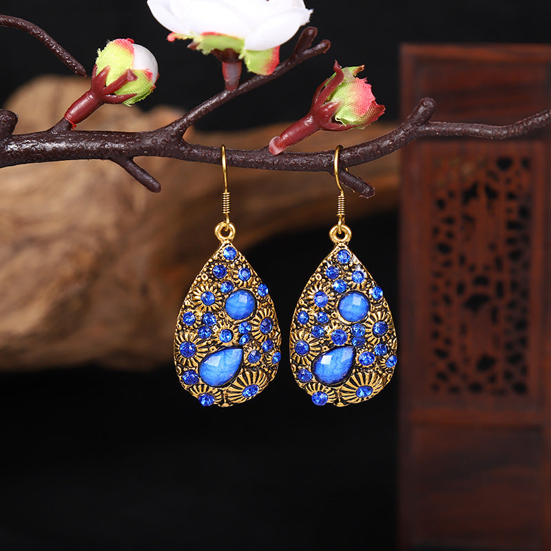 Creative Water Drop Gem Inlaid  Ancient National Style Earrings