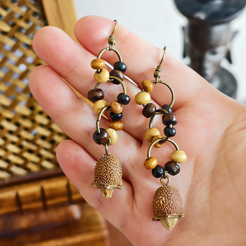 Botanical Pattern Wooden Bead Dangle Earrings