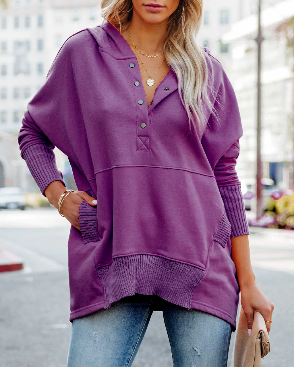 V-Neck Hooded Multi-Colored Bat-Sleeved Sweatshirt Loose Threaded Panels Top For Women