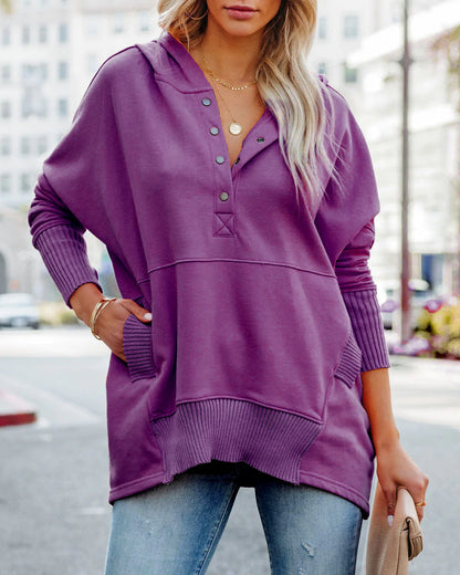 V-Neck Hooded Multi-Colored Bat-Sleeved Sweatshirt Loose Threaded Panels Top For Women