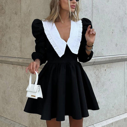 French Color Block A-Line Dress With Peter Pan Collar