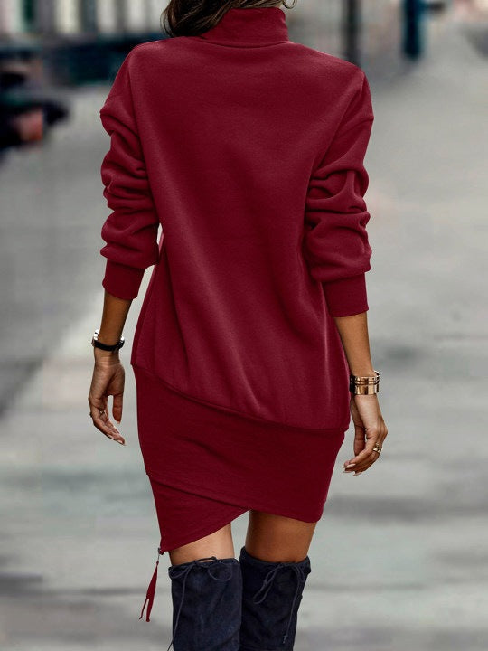 Solid Color New High Neck Long Sleeves Crossover Hem Short Fashion Dress