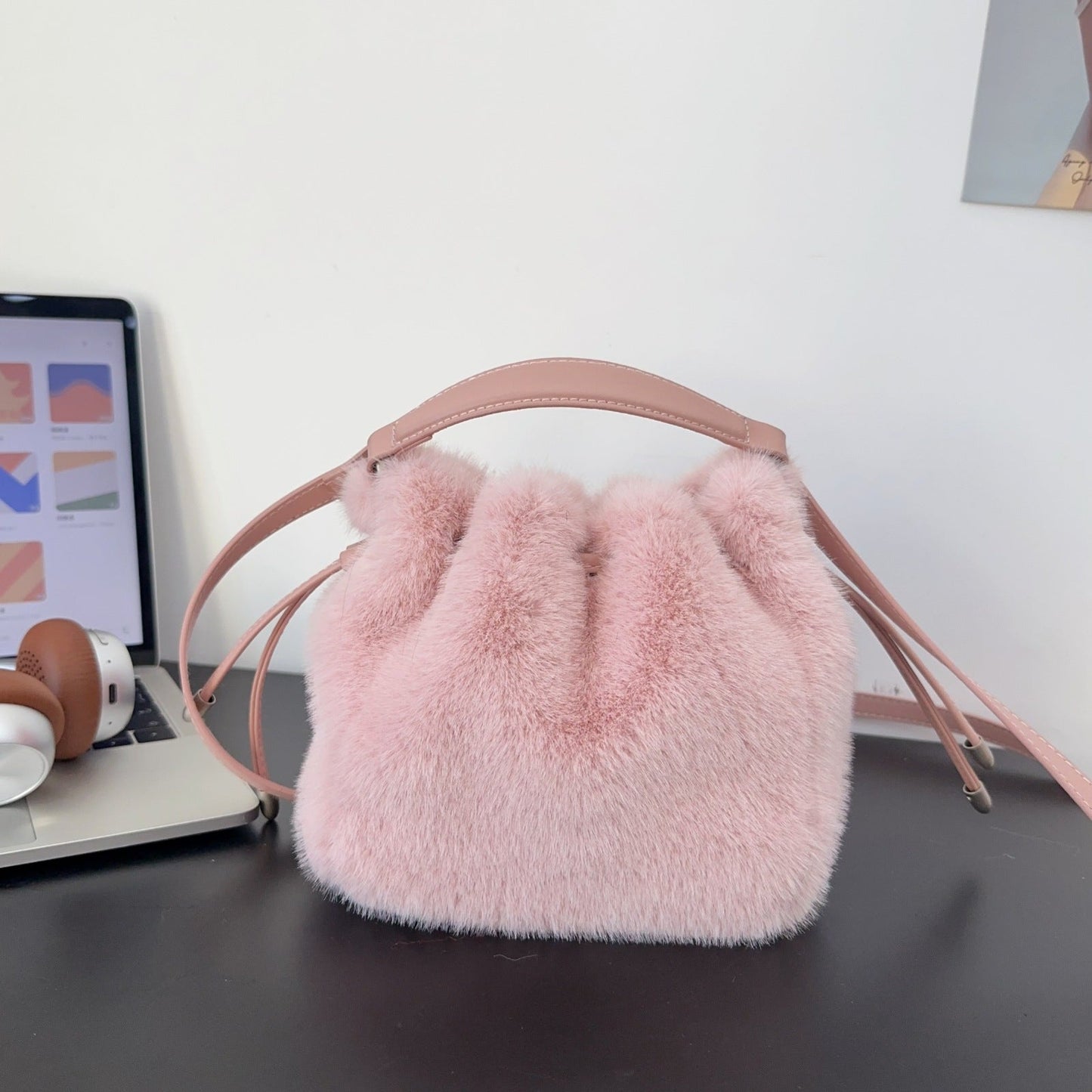 Fuzzy Soft Trendy Drawstring Bucket Crossbody Bag