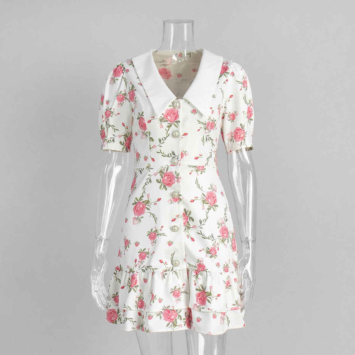 French V-Neck Puff Sleeve Dress Floral Print A-Line Midi Dress