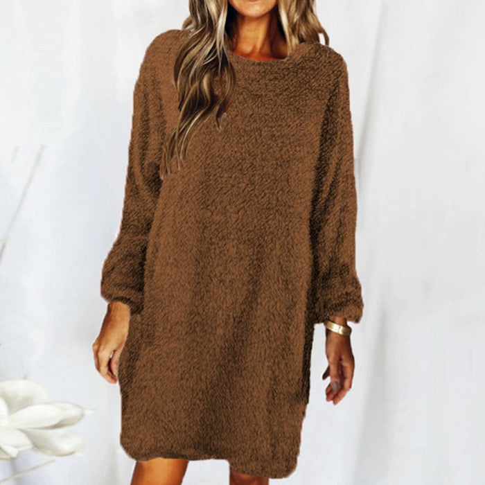 New Autumn And Winter Solid Color Comfortable Plush Long Sleeve Round Neck Loose Dress