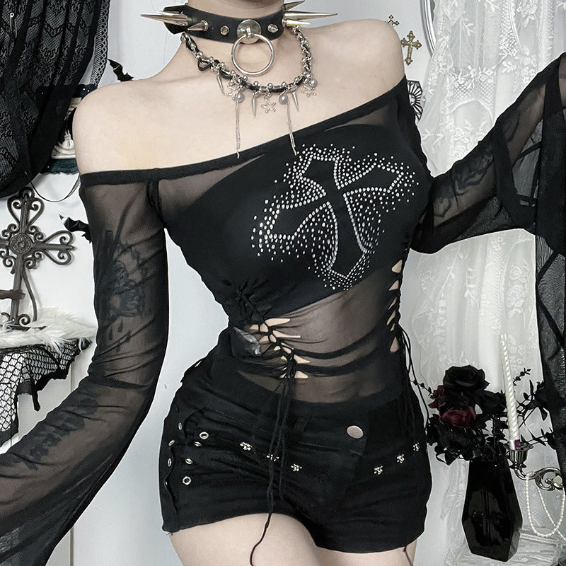 Off-Shoulder Mesh Top With Rhinestones Black Casual Street Style