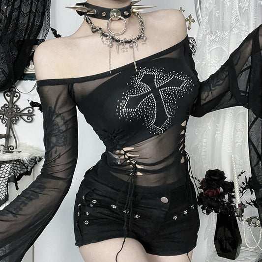 Off-Shoulder Mesh Top With Rhinestones Black Casual Street Style
