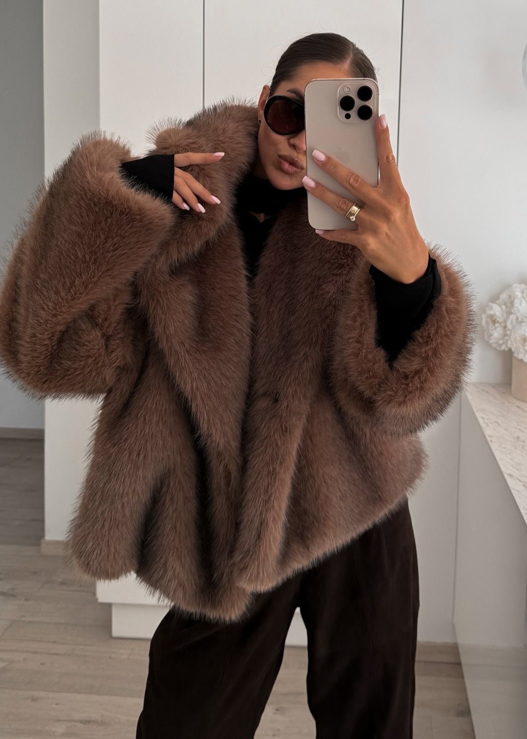 Faux Fur Jacket Plush Brown Oversized Fit