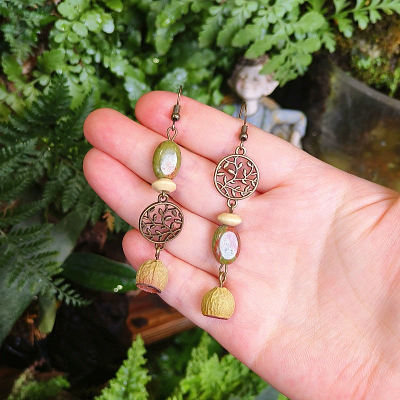 Vintage Leaf Design Handmade Earrings with Natural Green Stone