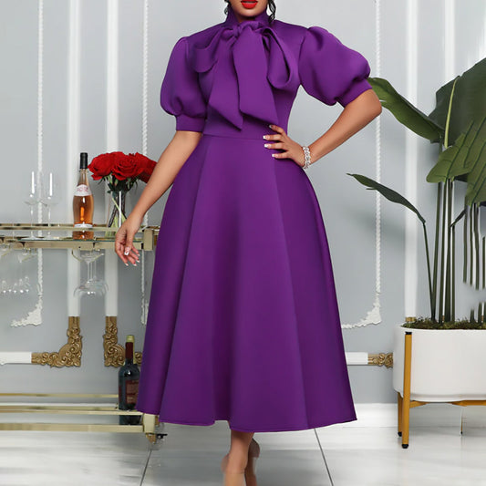 Elegant Solid Color Midi Dress With Bow Detail
