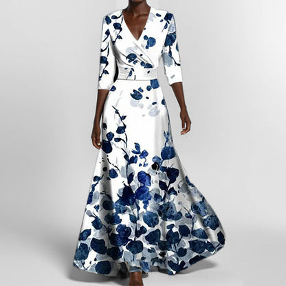 Elegant V-Neck Floral Print Midi Dress