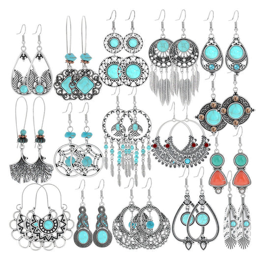 Simple Tribal Flower Teardrop Circle Turquoise Earring Set
