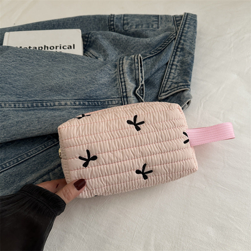 Cute Bow Embroidery Portable Puffer Cosmetic Bag