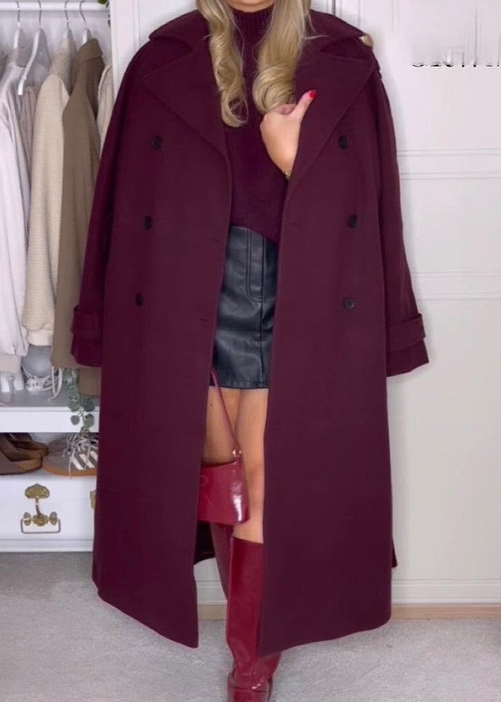 Belted Wool Coat Double Breasted Burgundy
