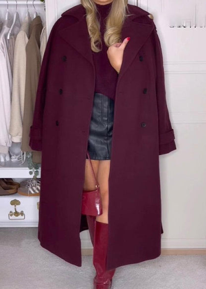 Belted Wool Coat Double Breasted Burgundy