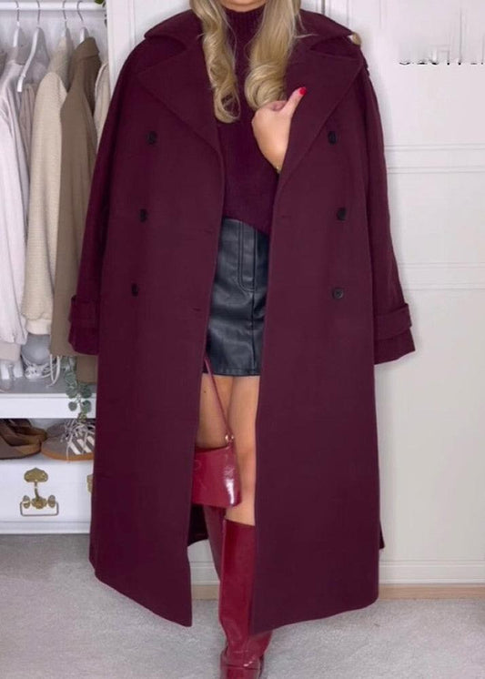 Belted Wool Coat Double Breasted Burgundy