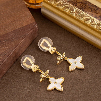 Classic Diamond-Studded Mother Of Pearl Shamrock Ear Clips For Women