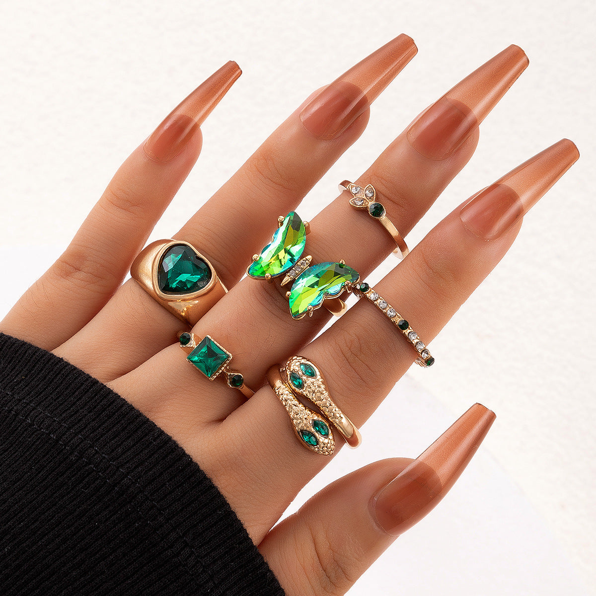 Snake Heart Shaped Gemstone Rings Jewelry Set