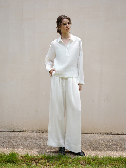 Long Sleeve Polo Collar Shirt Elegant Linen Blouse