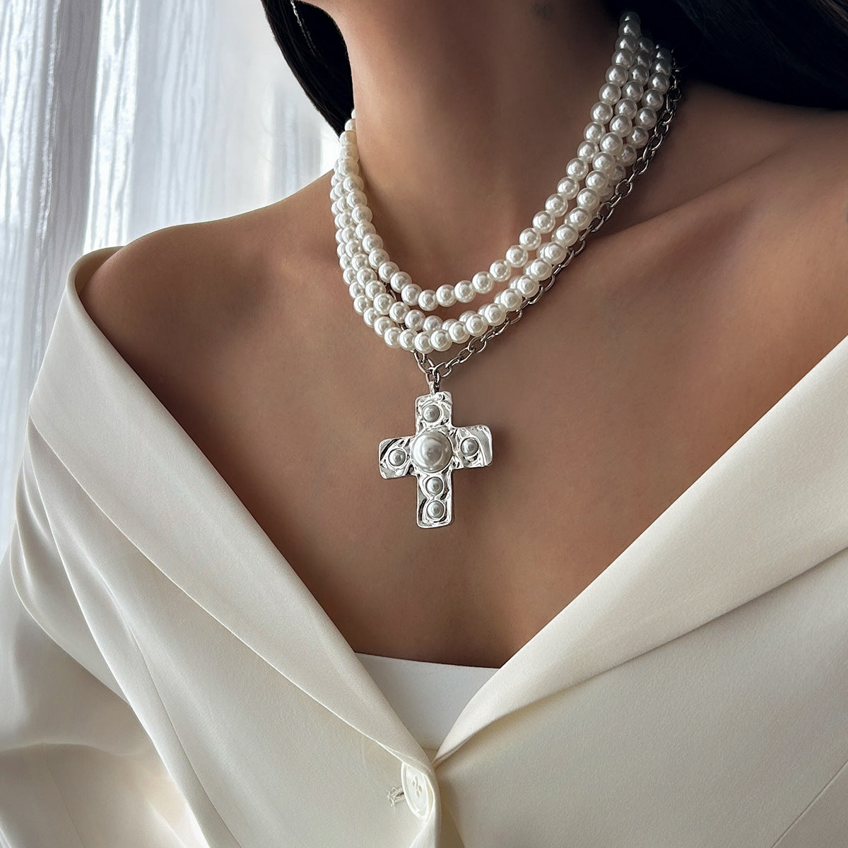 Liquid Metal Cross Pendant Necklace With Beads Elegant Fashion Jewelry