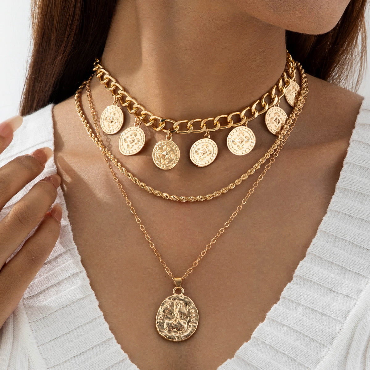 Geometric Layered Y-Shaped Alloy Necklace With Tassels And Rhinestones