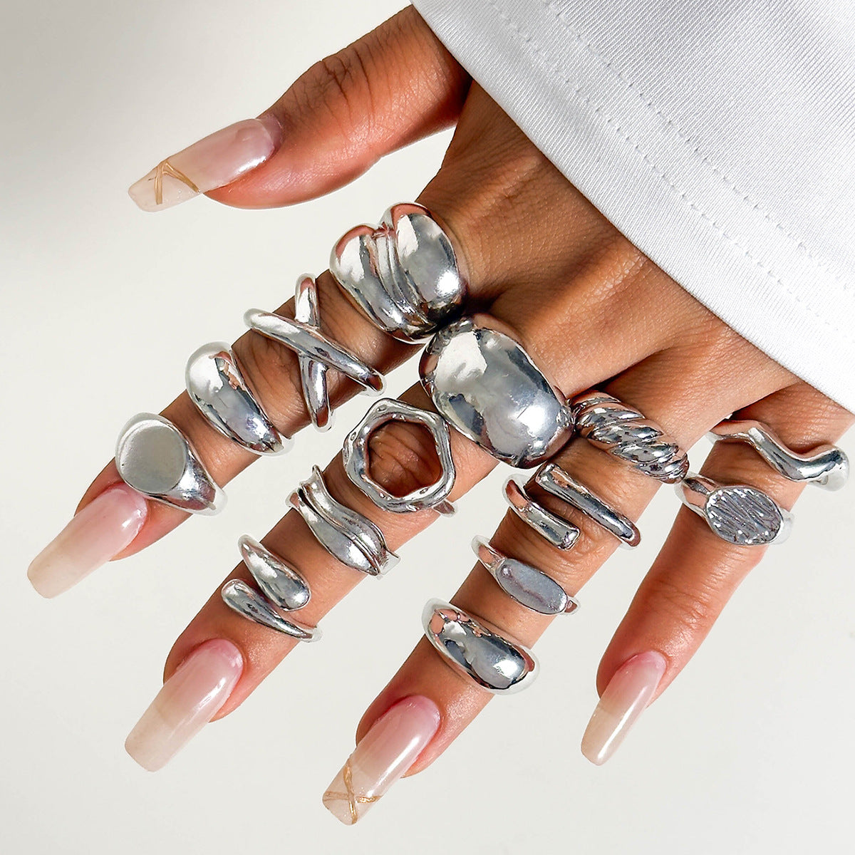 Geometric Hollow Statement Ring Set Stylish Mixed Metal Rings