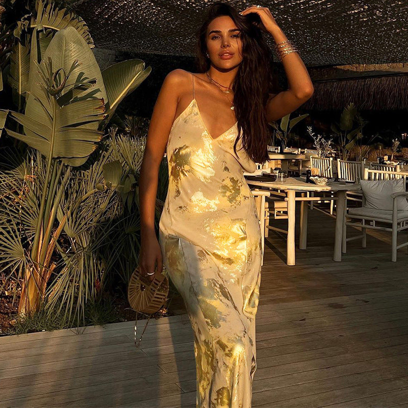 Gold Backless Slip Dress Elegant Style