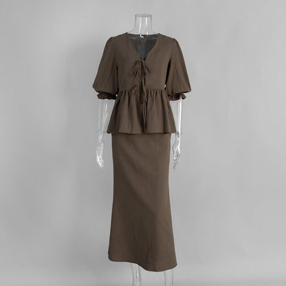 V-Neck Ruffled Sleeve Maxi Dress Set Comfortable Casual Cotton