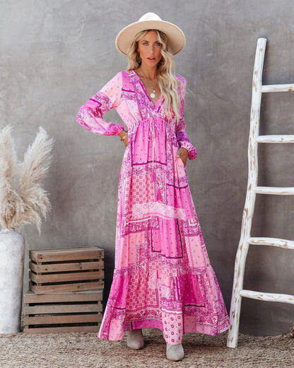 V-Neck Simple Fashion Temperament Loose Bohemian Dress