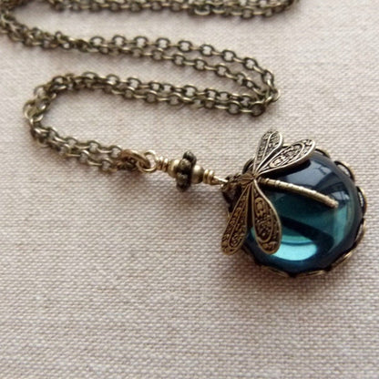 Vintage Dragonfly Green Crystal Lady'S Pendant Necklace Personality Fashion Bohemian Jewelry