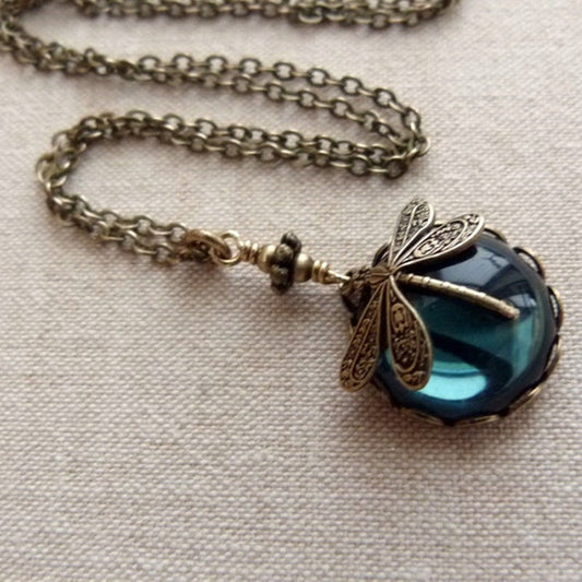 Vintage Dragonfly Green Crystal Lady'S Pendant Necklace Personality Fashion Bohemian Jewelry