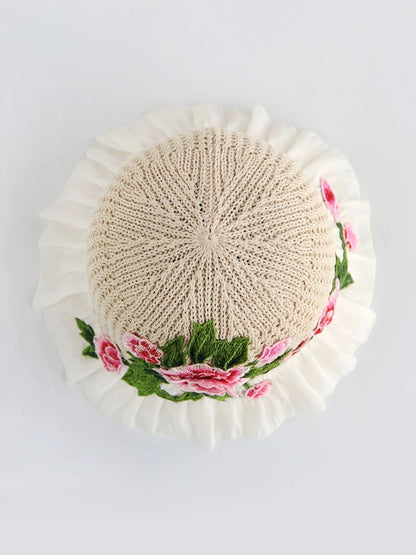 Ethnic Style Embroidery Flower Summer Visor White Brim Sun Hat Bucket Hat Sun Protection Knitted Hat