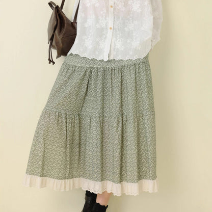Sweet Floral Print A-Line Midi Skirt with Elastic Waist