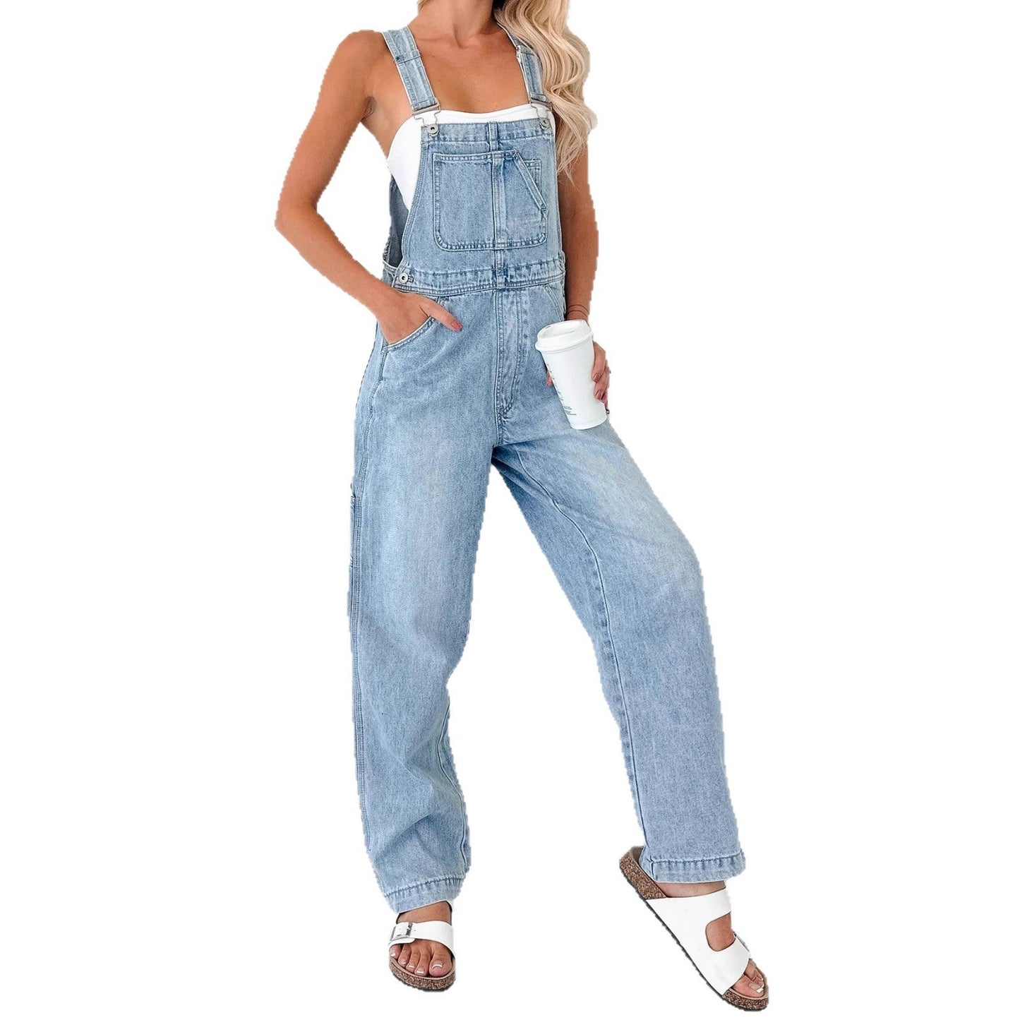 Trendy Denim Washed Straight Leg Bib Overall