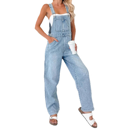 Trendy Denim Washed Straight Leg Bib Overall