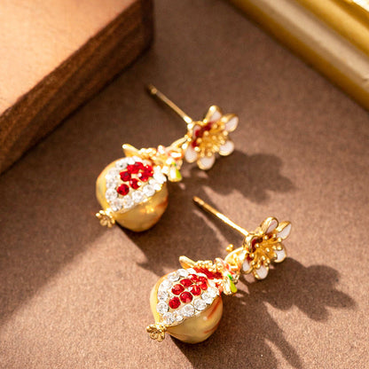 Garnet Flower Enamel Earrings With Rhinestones For Women