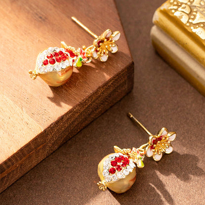 Garnet Flower Enamel Earrings With Rhinestones For Women
