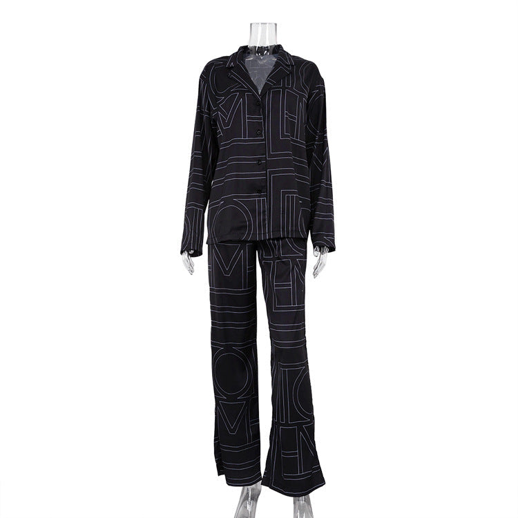Letter Print Satin Long Sleeve Shirt & Pants Set