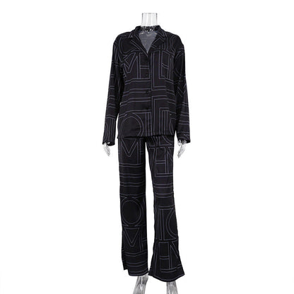 Letter Print Satin Long Sleeve Shirt & Pants Set