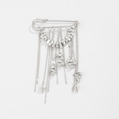 Trendy Metal Chain Tassel Brooch Pin With Stone Detail