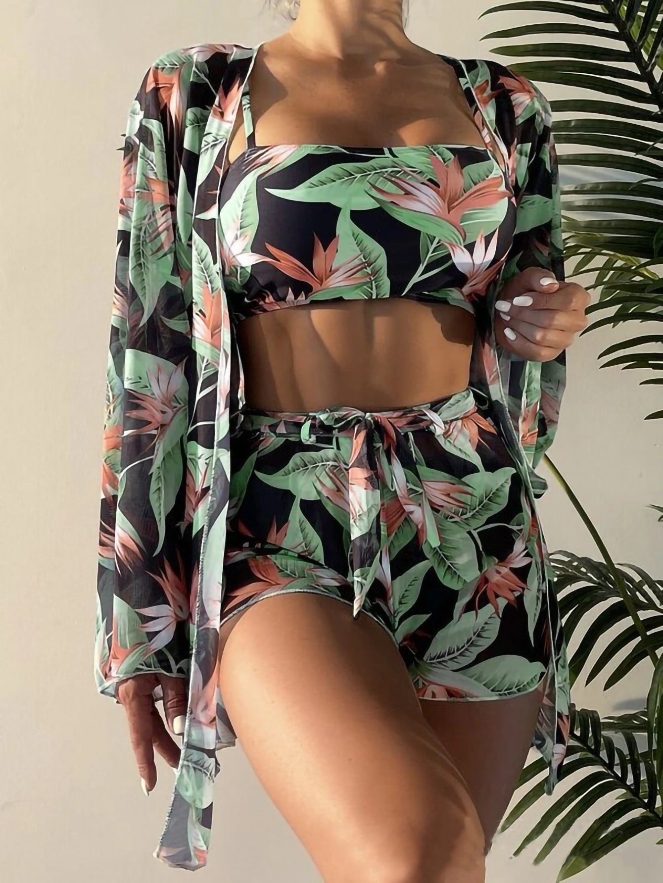 Swimsuit Women'S Split Three-Piece Set High Waist Long Sleeve Boxers Bikini