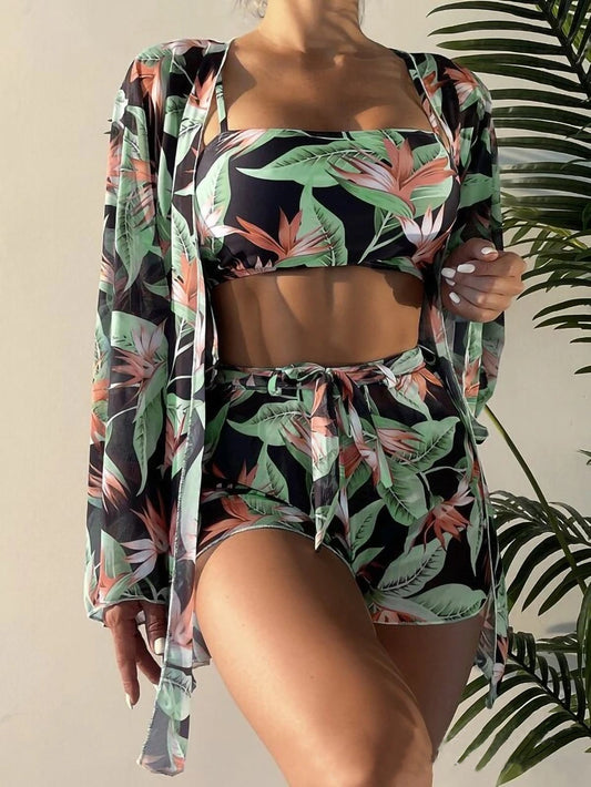 Swimsuit Women'S Split Three-Piece Set High Waist Long Sleeve Boxers Bikini